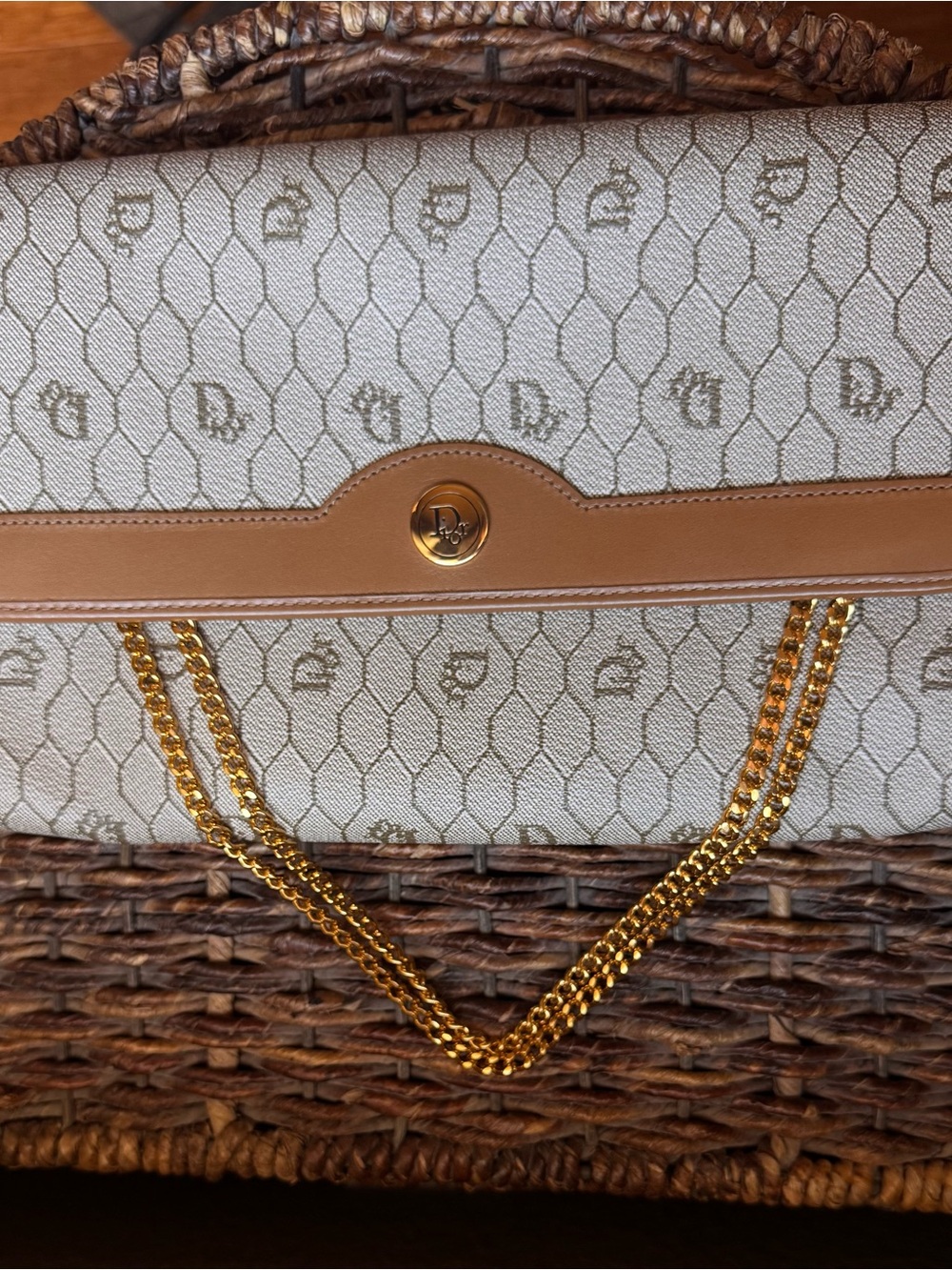 Dior Beige Monogram Canvas Shoulder Bag with Tan Trim and Gold Chain